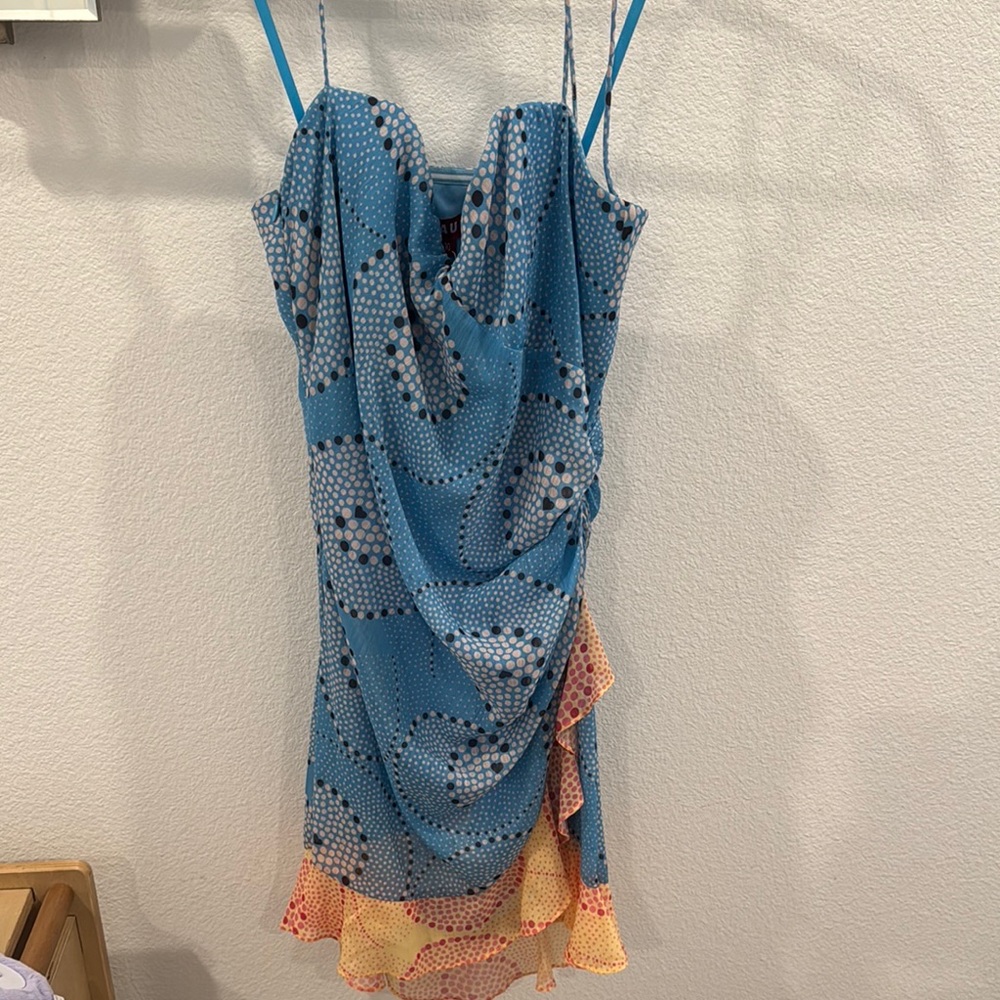 STAUD Blue Mini Dress Spaghetti Strap Sweetheart Neckline